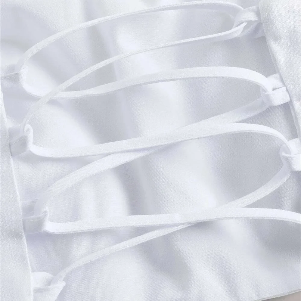 White Boho Womens Flower Decor Lace Up Back Cami Top - Picture 4 of 4